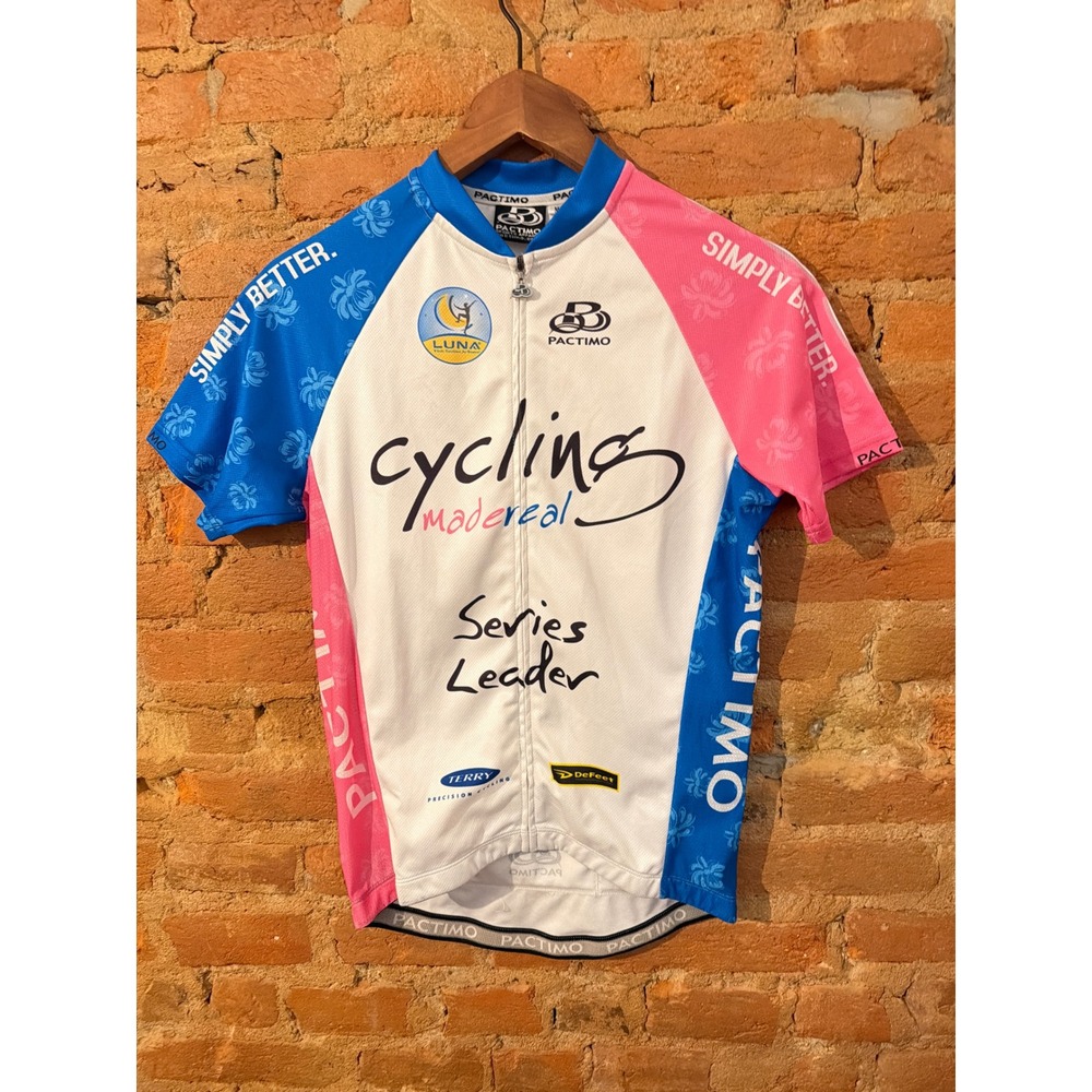Pactimo Women Medium Cycling Made Real Series Leader Jersey White Blue Pink Zip